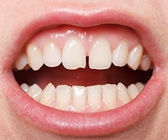A person with their mouth open and exposing their top row of teeth and the gap between their two front teeth